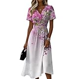 Generisch Sommerkleider Damen Leicht Und Luftig Kleid Damen Sommer Elegant Blumen Sommerkleid Lang Tailliert Midikleid Kurzarm Kleider V Ausschnitt Damenkleider Casual Strandkleid Plissee Blumenkleid