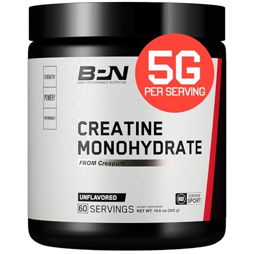 BARE PERFORMANCE NUTRITION, BPN Pure Creatine Monohydrate Powder by Creapure, 5g of Creatine per Serving, Supports Muscle Growth, Unflavored Creatine Powder, 60 Servings