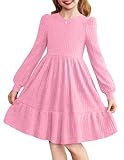 Arshiner Vestido Niña Elegante de Punto Acanalado con Manga Larga y Mangas Abullonadas, Vestidos de Fiesta y Ceremonia, Cuello Redondo, Vestidos Casual A-Line Sólido 9-10 Años