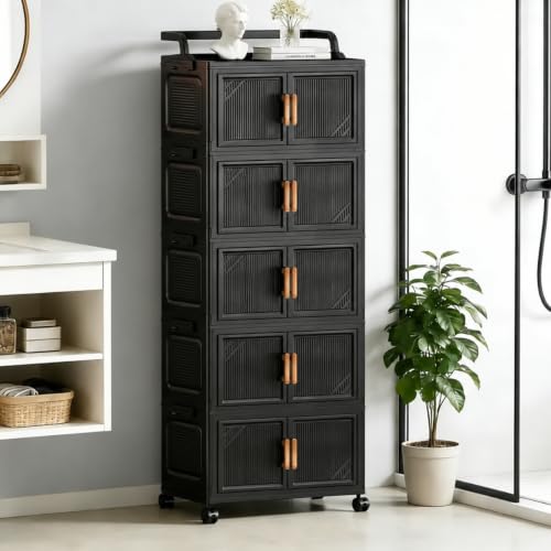 Image of KRISHYAM 5-Tier Plastic Storage Cabinet with Wheels, Water-Resistant Modular Clothes Organizer for Bedroom, Bathroom & Home, 133 x 46 x 27 cm, Black