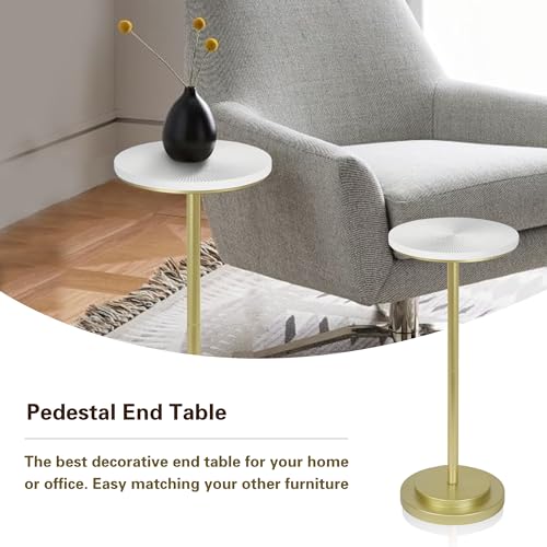 COVLON Drink Table, Carved Table Top Martini Table, Small Side Table, Weighted Base Pedestal Table for Living Room, Bedroom, Modern, White and Gold
