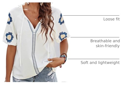 Image of Women's Summer Tops Floral Embroidered Puff Short Sleeve Shirts V Neck Boho Tunic Casual Blouse