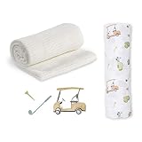 lulujo Soft Cotton Baby Blanket and Swaddle Gift Set (White & Golf)