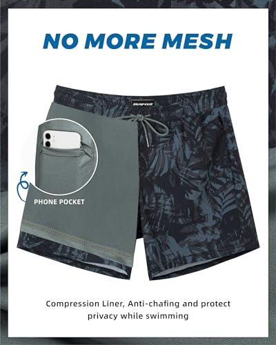 SURF CUZ Mens Swim Trunks with Compression Liner 5" Swim Shorts Quick Dry Bathing Suit Swimming Trunks Zipper Pockets2