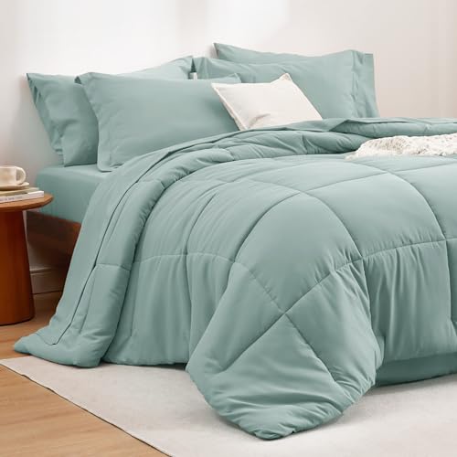 Bedsure Sage Green Comforter Set King - 7 Pieces Solid Bed in a Bag, King Bed Set with Comforter, Sheets, Pillowcases & Shams