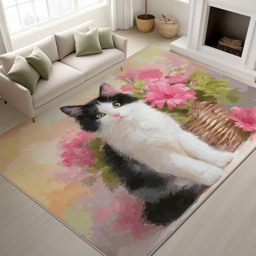 Alfombra Salon 140 x 200 cm, Alfombra Dormitorio Matrimonio Carpet Rugs for Living Room Alfombras Lavables, Animales Gatos Cestas de Flores Comedor Habitacion, Blanquecino Rosado