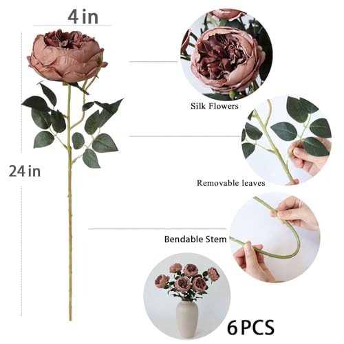 Image of mizii 6Pcs Burnt Pink Artificial Roses Flowers Fake Silk Roses Flower with Long Stem for Wedding Decorations Table Centerpieces Flower Arrangement Home Decor (Burnt Pink)