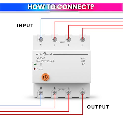 Image of amiciSmart WiFi MCB, Circuit Breaker, 220VAC 80A 3 Phase Home Automation Smart Switch Timer Mobile App Control Compatible with Alexa, White (Din Rail Mount)