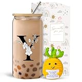 fcaylo Monogrammed Initial Glass Cup with Lids and Straws, Personalized Gift Set with Doll, 16 Oz Ice Coffee Cup for Women, Birthday Christmas Mothers Day Gift for Her, Y