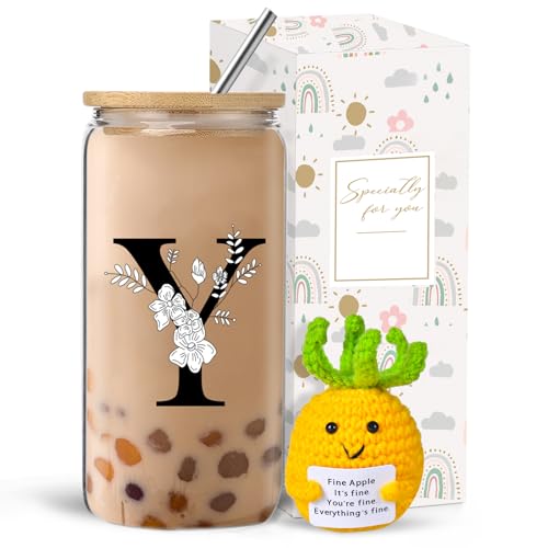 fcaylo Monogrammed Initial Glass Cup with Lids and Straws, Personalized Gift Set with Doll, 16 Oz Ice Coffee Cup for Women, Birthday Christmas Mothers Day Gift for Her, Y