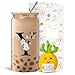 fcaylo Monogrammed Initial Glass Cup with Lids and Straws, Personalized Gift Set with Doll, 16 Oz Ice Coffee Cup for Women, Birthday Christmas Mothers Day Gift for Her, Y