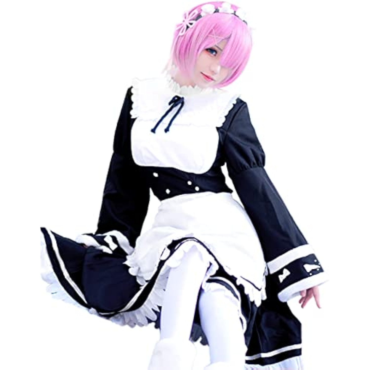 [milky time] ウィッグ付き Re:ゼロから始める異世界生活 リゼロ コスプレ メイド服 ハロウィン レム ラム 長袖 (ラム,長袖メイド, M) 詳細画像1