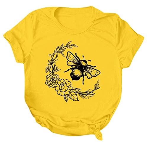 Blusa de mujer Fashion Bee Festival Printing Camisas Cuello Redondo Manga Corta Camiseta Túnica Blusa Mujer Elegante Festiva Tops, amarillo, XL