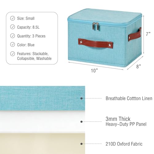 Image of 3PCS Storage Bins Boxes with Zippered Lids Cotton Linen Fabric Decorative Basket PU Leather Handles PP Plastic Board Foldable Lidded Clothing Shelf Closet Organizer Container (Blue, Small)
