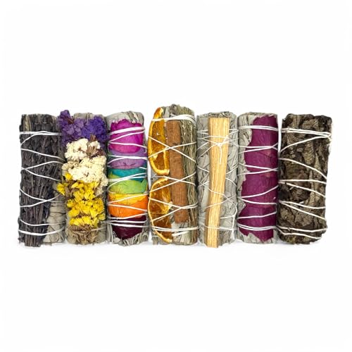 7 Smudge Bundles Gift Set with White Sage (Salvia Apiana), Lavender, Tricolor Sinuata, 7 Chakra Petals, Orange, Cinnamon, Rosemary, Palo Santo, Red Petals & Yerba Santa.