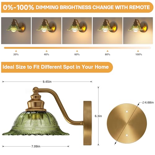 Image of Redluck Glass Battery Operated Wireless Wall sconces Set of Two with Remote | Vintage Green Glass, Rechargeable, Easy Installation, 12 Colors Wireless Wall Lamp for Bedroom Living Room Hallway Decor