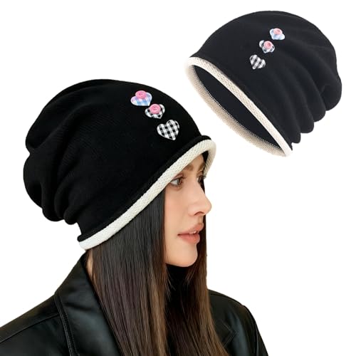 Tcdwla Gorro Mujer Invierno, Sombrero de Punto Cálido Suave y Cómodo para Hombres y Mujeres, Bordes de Moda, Adecuado para Invierno, Navidad (Negro 2)