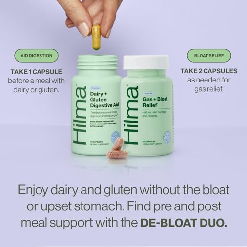 Image of Hilma De-Bloat Bundle for Pre or Post Meal, Gas & Bloating Relief for Women (50 Vegan Capsules) with Lemon Balm & Peppermint Leaf, Digestive Enzymes for Women (30 Vegan Capsules) with Dandelion Root