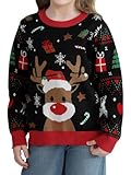 Saodimallsu Weihnachtspullover Familie Set Rundhals Langarm Weihnachten Strickpullover Herren Damen Kinder Rentier Muster Pullover Winter Warm Christmas Sweater, Schwarz Kinder, 13-14 Jahre