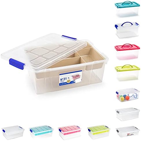 PLASTIFIC Plastic Storage Box Lightweight Robust Stackable Storage Boxes with Lid, Clear Latch Boxes, Plastic Organiser, Space Saving Solution for Home Office (3.5L - Pink Lid with Handle)