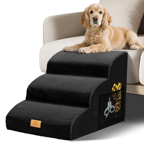 Thihome Escalera para Perros pequeños, Escalera para Mascotas, 3 peldaños, Esponja de Alta Densidad, 40 cm de Alto con Funda Impermeable, Antideslizante para sofá Cama, Color Negro