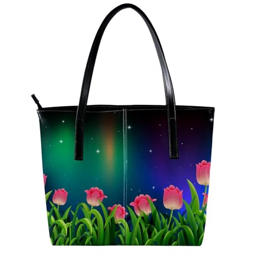 LVTISEE Sac fourre-tout en cuir synthétique avec motif tulipe rose à motif floral à la nuit étoilée pour le travail, les voyages – vue 2