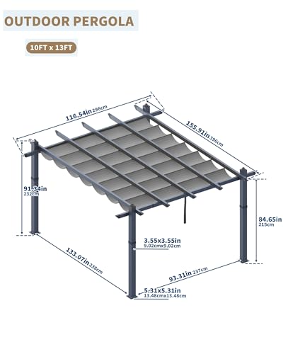 Image of KYBOLT 10x13 Ft Aluminum Pergola with Retractable Canopy Metal Gazebo for Porch Modern Backyard Deck Grape Trellis(Gray)