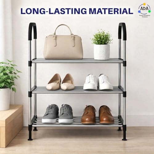 Image of ADA Premium Multipurpose Shoe Rack | 3-Tier Shoe Storage Organizer, Compact Space Saver, Sturdy & Durable Rack for Entryway, Living Room, Bedroom & Closet - Black & Grey
