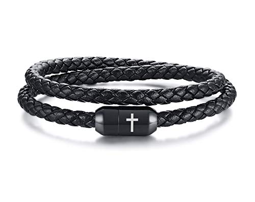 Men s Leather Bracelets Genuine Braided Double Wrap Jesus Cross Leather Bracelets with Stainless Steel Magnetic Clasp for Him