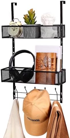 Over The Door Hooks Organizer, Coat Rack with 5 Hooks and 2 Mesh Baskets, Behind The Door Storage Organizer for Bathroom, Bedroom, Kitchen, Office