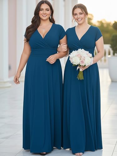 KOH KOH Women’s Long Cap Short Sleeve Flowy Cocktail Semi Formal Prom Gala Black Tie Bridesmaid Wedding Guest Work Dressy Tall Gown Gowns Maxi Dress Dresses, Capri Blue L 12-14 - Thumbnail 4