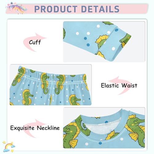 Pajama Sets Long Sleeve Seahorse Pattern on Blue Soft Comfy Sleepwear 2 Piece PJS 3-8T4