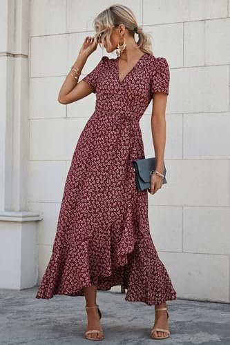 PRETTYGARDEN Women's Summer Maxi Dress Casual Wrap Floral Boho Short Sleeve V Neck Split Ruffle Beach Long Dresses