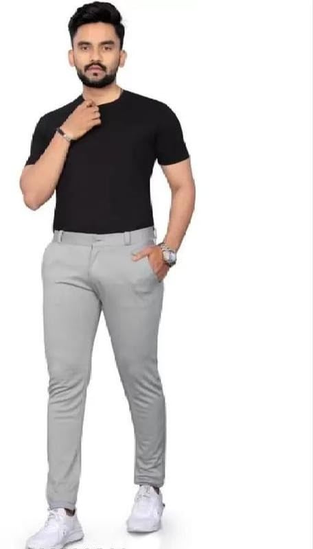 Image of Men's Regular Fit Light Grey Stretchable Trousers - Expandable Waist Formal & Casual Pants | Premium Lightweight Comfortable