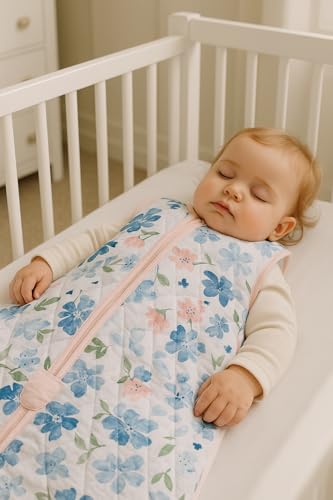 Image of TuddyBuddy Baby Cotton Wearable Quilted Sleeping Bag Blanket 1.5 Tog with 1 Way Zipper Closure | Ideal for Babies & Kids Hypoallergenic Fabrics | (Violets AOP, 12-18 Months)