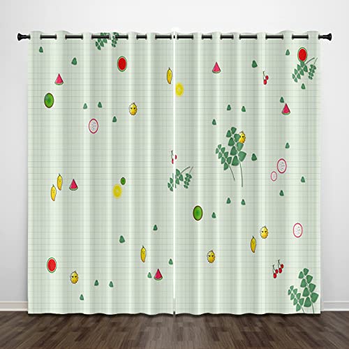 Zasłony z zielonym nadrukiem, zasłona zaciemniająca, ochrona przed hałasem, nieprzejrzyste, na przelotkach, do salonu, sypialni, 2 x 75 x 166 cm