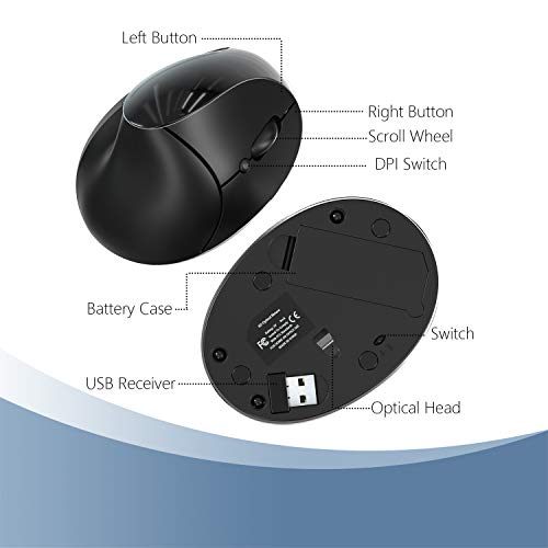 Carago-Wireless-Mouse-24G-USB-Vertical-Ergonomic-Mouse-with-6-Buttons-3-Adjustable-DPI-80012001600-Levels-for-Computer-Laptop-PC-MacBookBlack