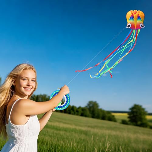 YFAFENGS Large Octopus Kites with 7.1in Reel Winder - Easy Fly Beach Kite Set for Adults & Beginners, Durable Outdoor Squid Kite for Stable Flight