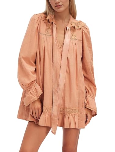 Long Sleeve Babydoll Dresses Women Fall V Neck Lace Trim Mini Dress Flowy Puff Sleeve Tie Front A-Line Tunic Dress