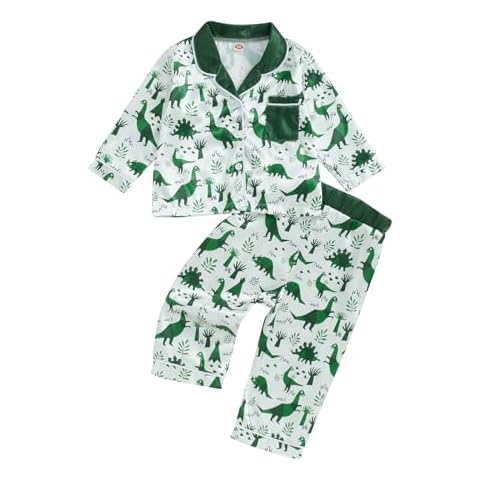 Biayxms Toddler Boy Silk Pajamas Set Button Down Dinasour Long Sleeve Shirts Tops and Pants Two Piece Satin Pj Lounge Sets (Green, 12-18 Months) Cover
