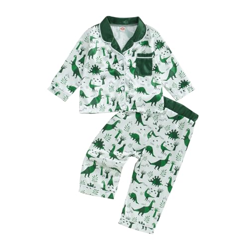 Biayxms Toddler Boy Silk Pajamas Set Button Down Dinasour Long Sleeve Shirts Tops and Pants Two Piece Satin Pj Lounge Sets