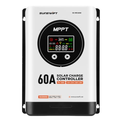 SunSwift 60A MPPT Solar Charge Controller, 12V/24V/36V/48V Auto, Large LCD Display, Compatible with AGM, Gel, Flooded & Lithium Batteries, Plug-and-Play, Maximum 150V Input by SunSwift - Used condition - US$45.41