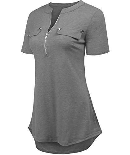 Summer Tops Women's Short Sleeve V Neck Loose Casual Tunic Blouses Gray L - Thumbnail 4