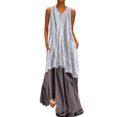Sunnywill Women Dress, Plus Size Women Floral Printed V Neck Cotton Linen Sleeveless Maxi Dresses Womens Popular Classic Sweater Dress Cocktail Dress White