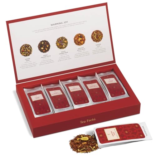 Image of Tea Forte Warming Joy Hoilday Premium Single Steeps Loose Leaf Tea Gift Set Sampler, 15 Count 3 of Each Assorted Blends, Pre-Portioned Single Serve Pouches, Steeps 12 oz
