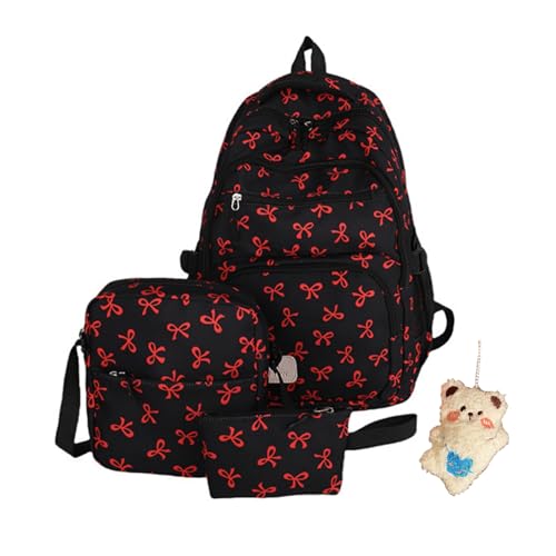 Coquette Bow Backpack, Cute Kawaii Backpack 3Pcs Set (Red)