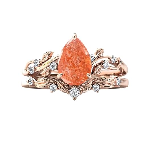 Sunstone Engagement Rings Set for Women Pear Shaped Orange Sunstone Ring Set Leaf Art Deco Ring Set 10K 14K 18K Gold Vintage Vine Sunstone Wedding Ring Sets Anniversary Promise Ring