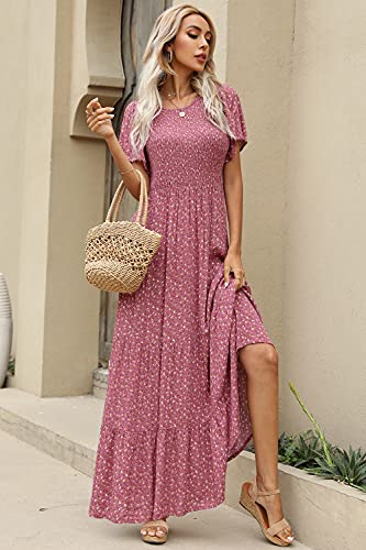 Image of Kranda Women 2025 Summer Fall Crewneck Short Sleeve Smocked Floral Maxi Dress