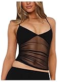 RoseSeek Women's Sheer Mesh Camisole Tops Ruched V Neck Spaghetti Strap Crop Tank Top Black Small