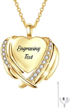 14K Gold Angel Wing Urn Necklace for Ashes, 10K/14K/18K Real Gold Moissanite Cremation Necklace Jewelry with Engraving for Women Keepsake Necklace Memorial Locket Ash Holder image 2